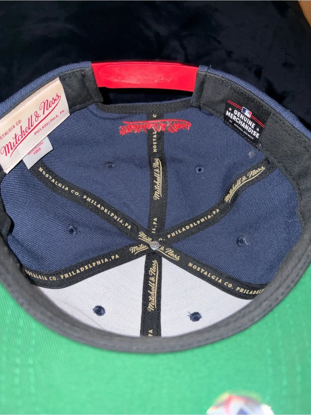 Mitchell & Ness Navy and Green Snapback Hat with Red Accent
